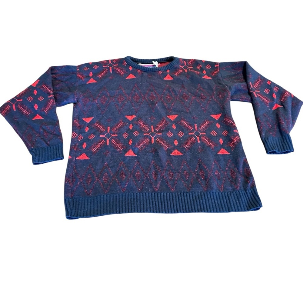 Vintage Sweater Graphix Men's Navy and Red Patterned Sweater Medium